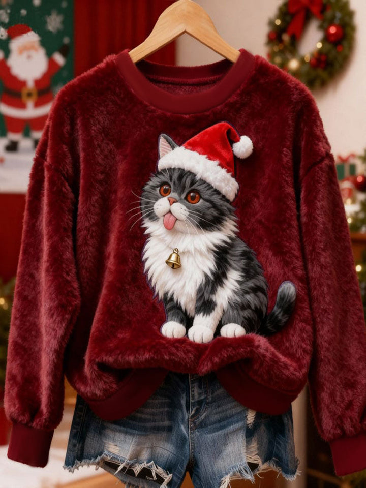 Ženski flanelasti hoodie s božićnom mačkom
