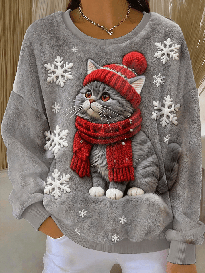 Ženski Slatki Božićni Mačak Umjetnički Print Ležerni Flanel Hoodie