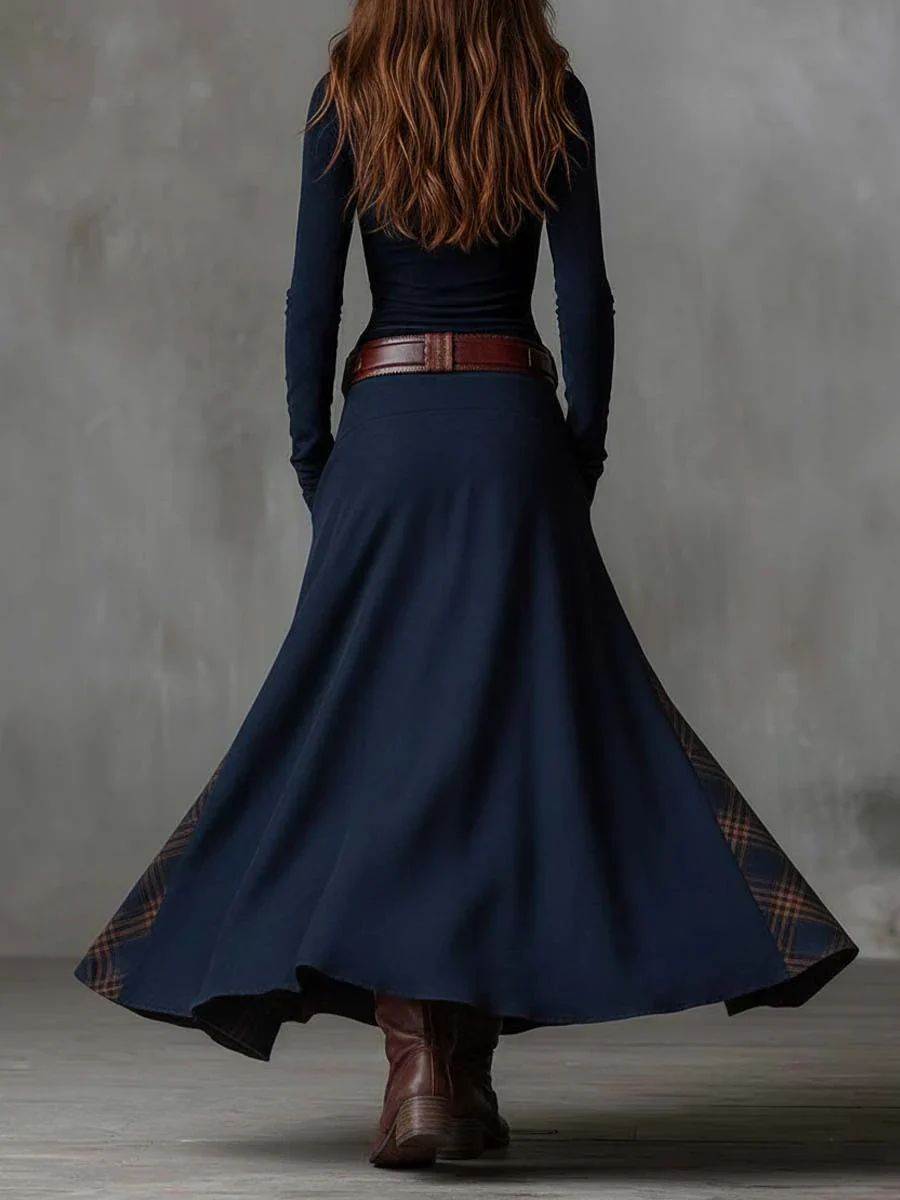 Leonora | Vintage Duga Haljina u Tamnoplavom Suede Kariranom (Uključuje Remen)
