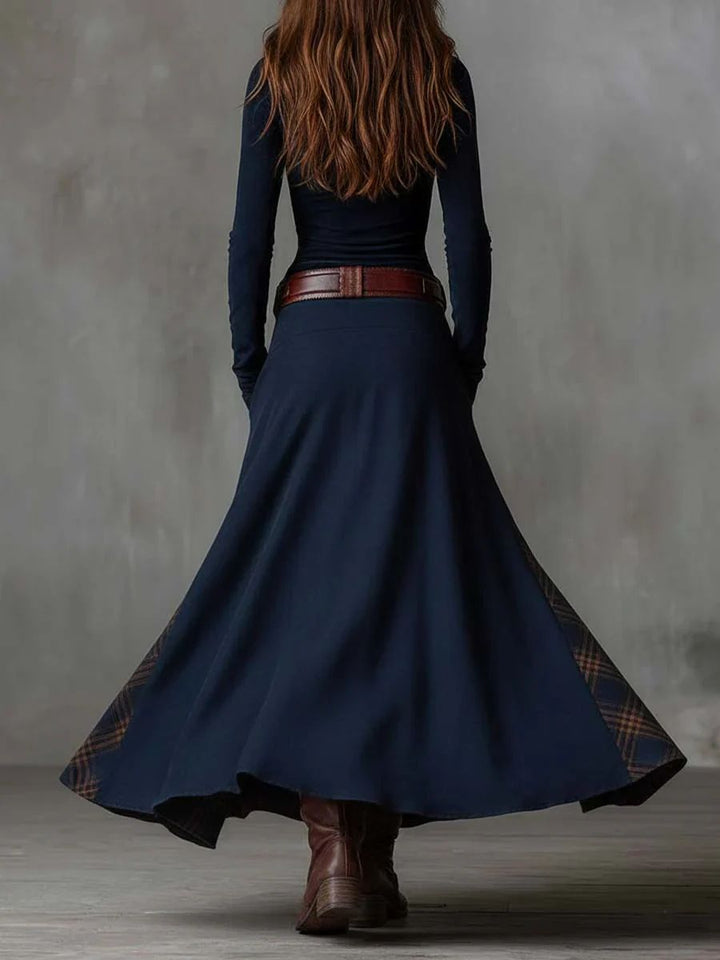 Leonora | Vintage Duga Haljina u Tamnoplavom Suede Kariranom (Uključuje Remen)