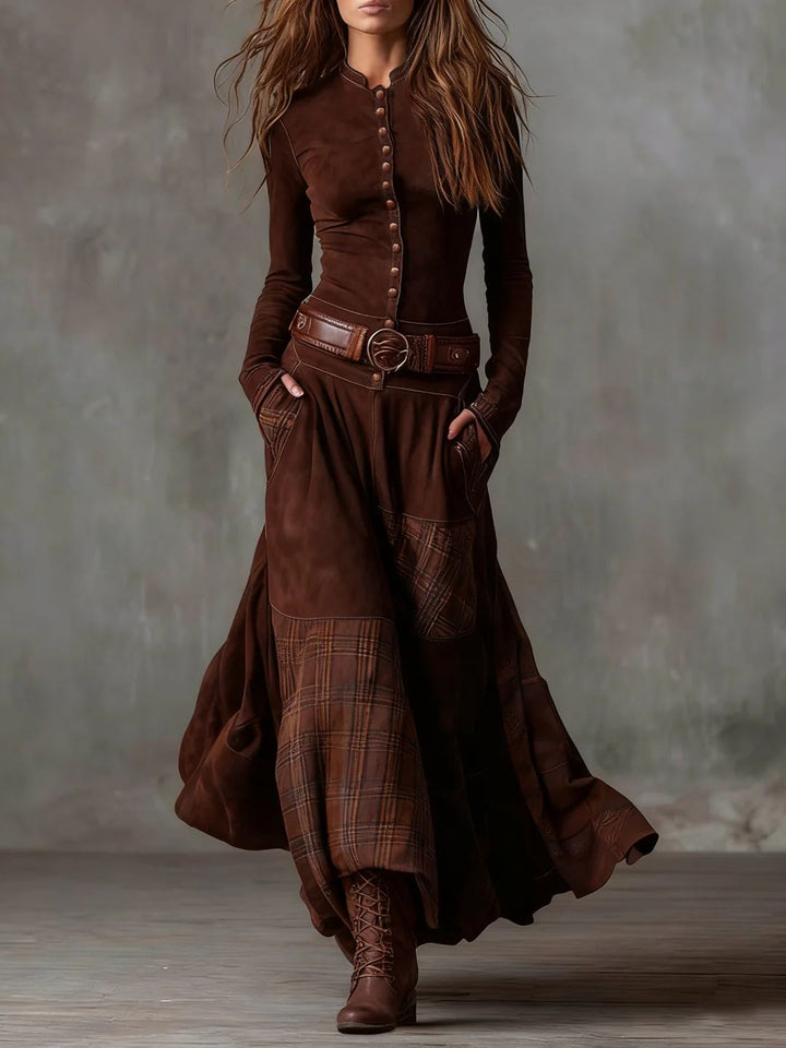 Leonora | Vintage Duga Haljina u Tamnoplavom Suede Kariranom (Uključuje Remen)