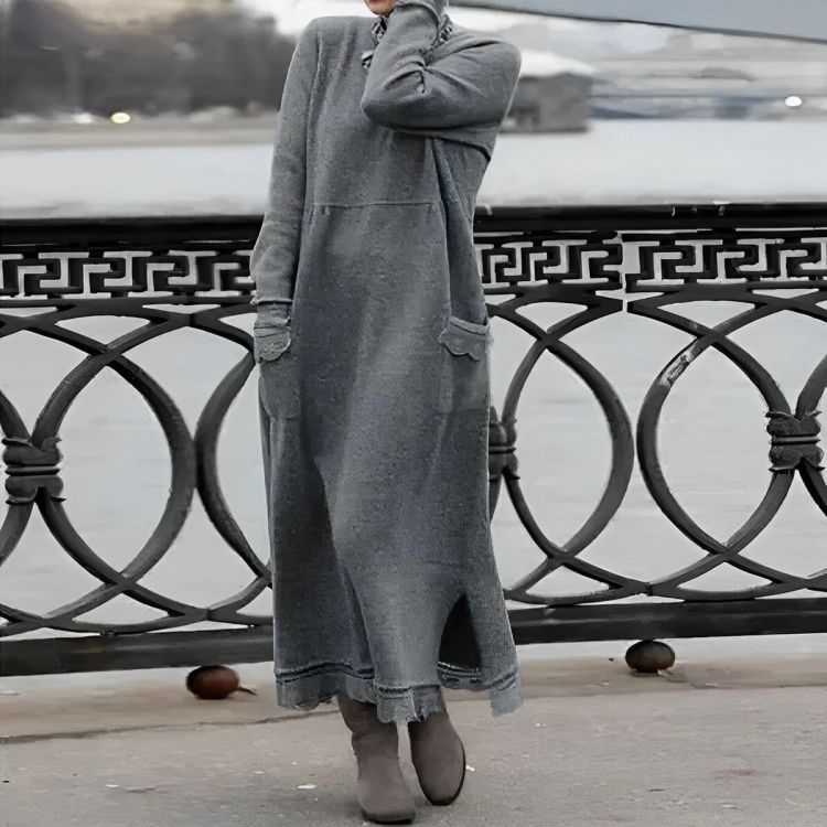 Mara Pletena Maxi Haljina – Udobna Duga Rukava Oversized Zimska Haljina