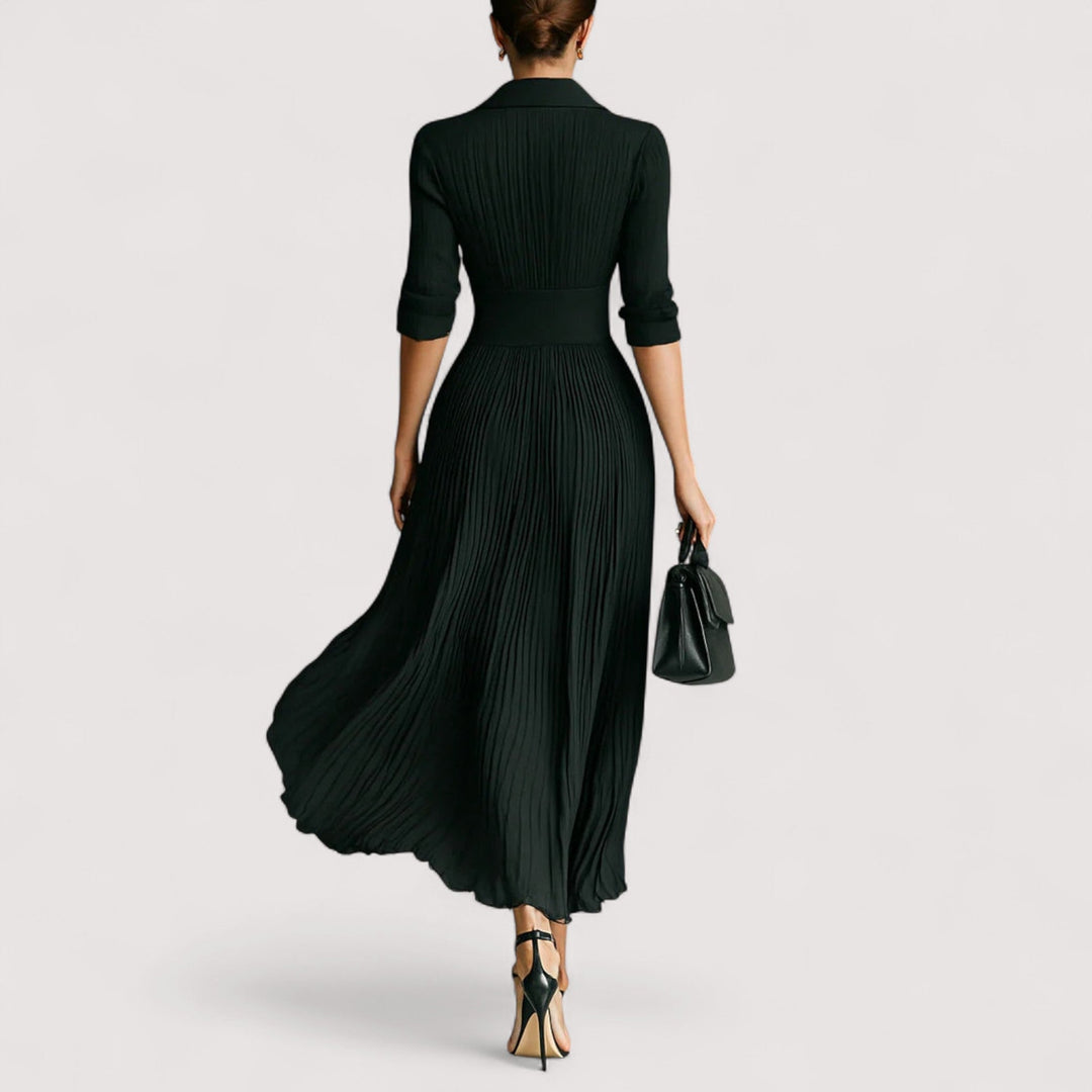 Lorien™ | Elegantna, plisirana maksi haljina s reverom, strukiranim krojem i dugim rukavima